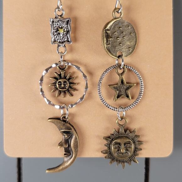 Sun Moon Star Dangle Earrings Celestial Bronze Silver Tone Drop Boho Jewelry - Picture 5 of 10